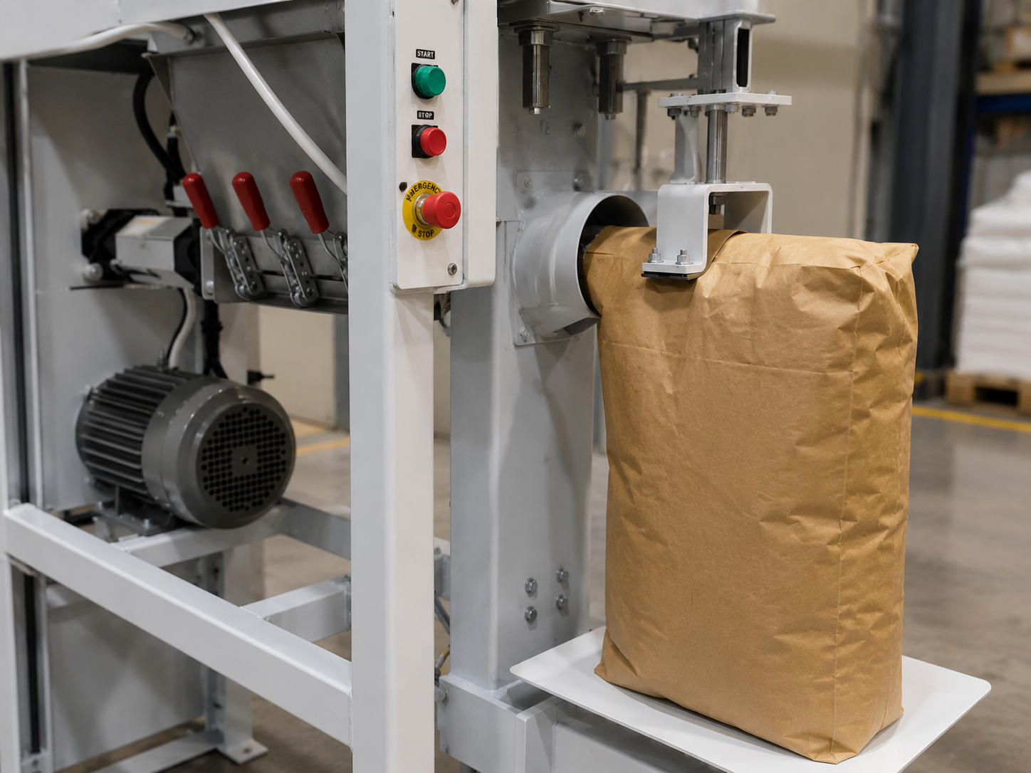Valve bagger filling a kraft paper bag during a repack run