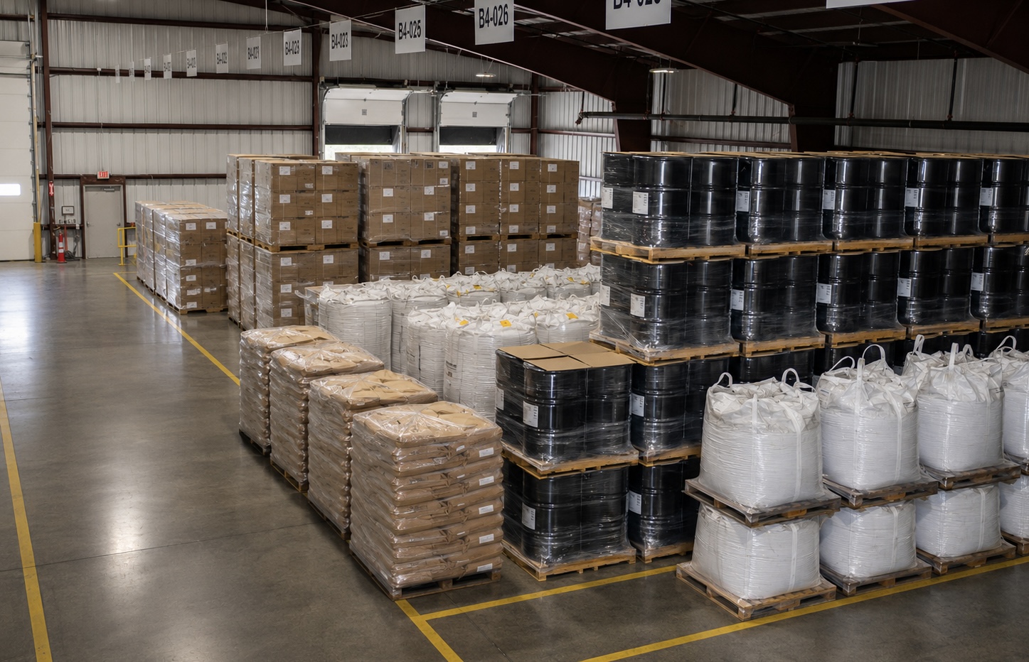 Bulk storage area at the NBN facility with drums, supersacks, and palletized inventory