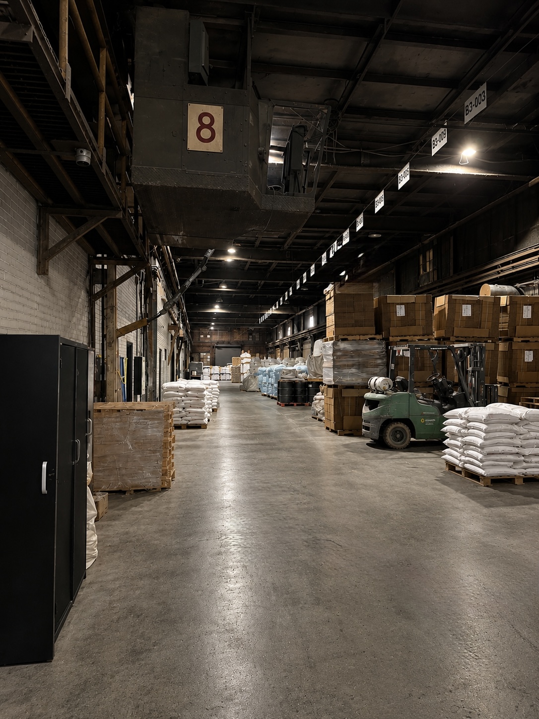 Storage corridor inside the NBN facility with palletized bags, drums, and forklift access