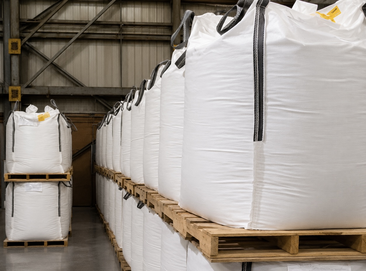 Rows of filled supersacks staged on pallets
