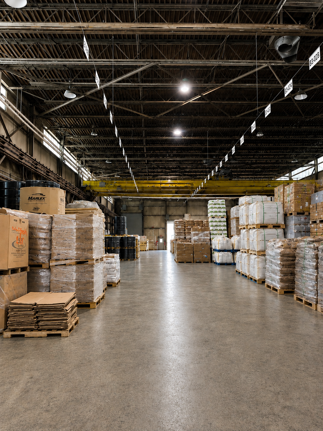 Wide warehouse aisle at the NBN facility with palletized material and supersacks