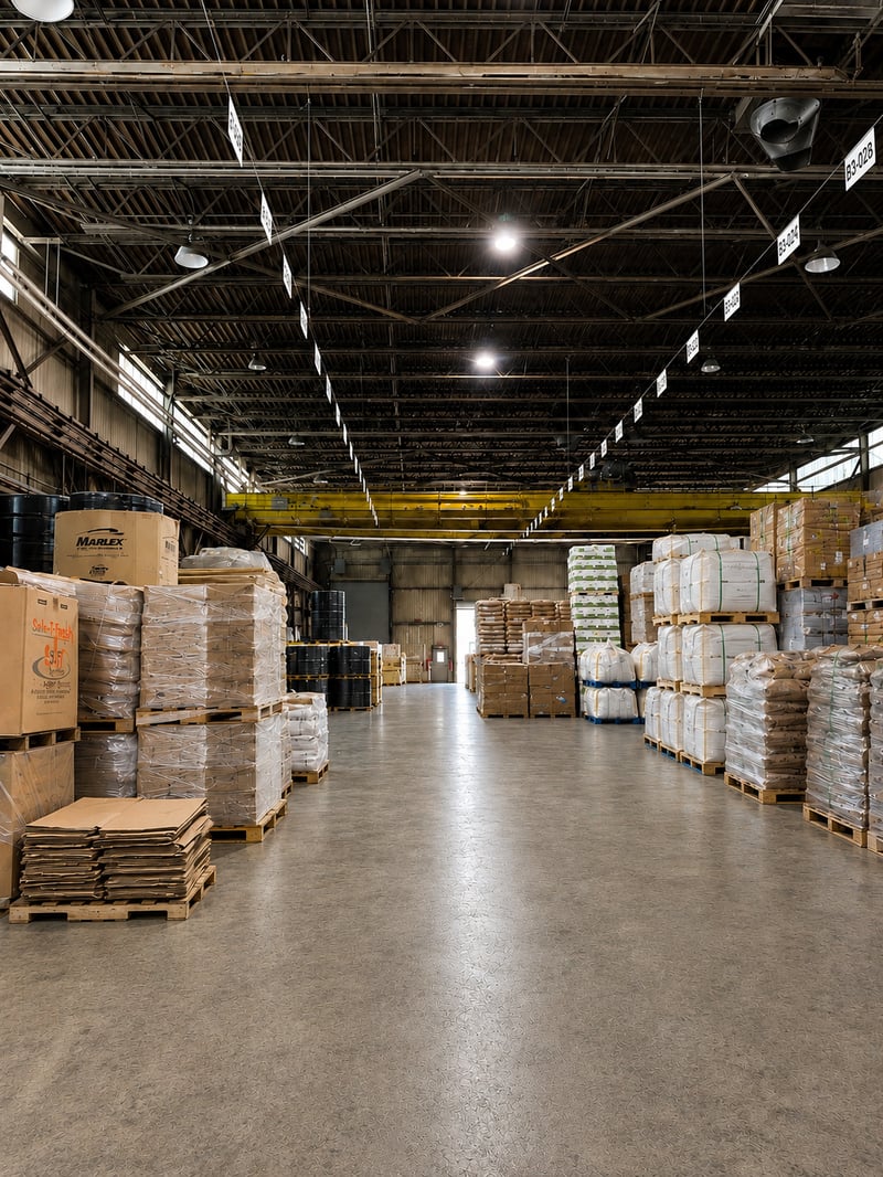 Wide warehouse aisle at the NBN facility with palletized material and super sacks