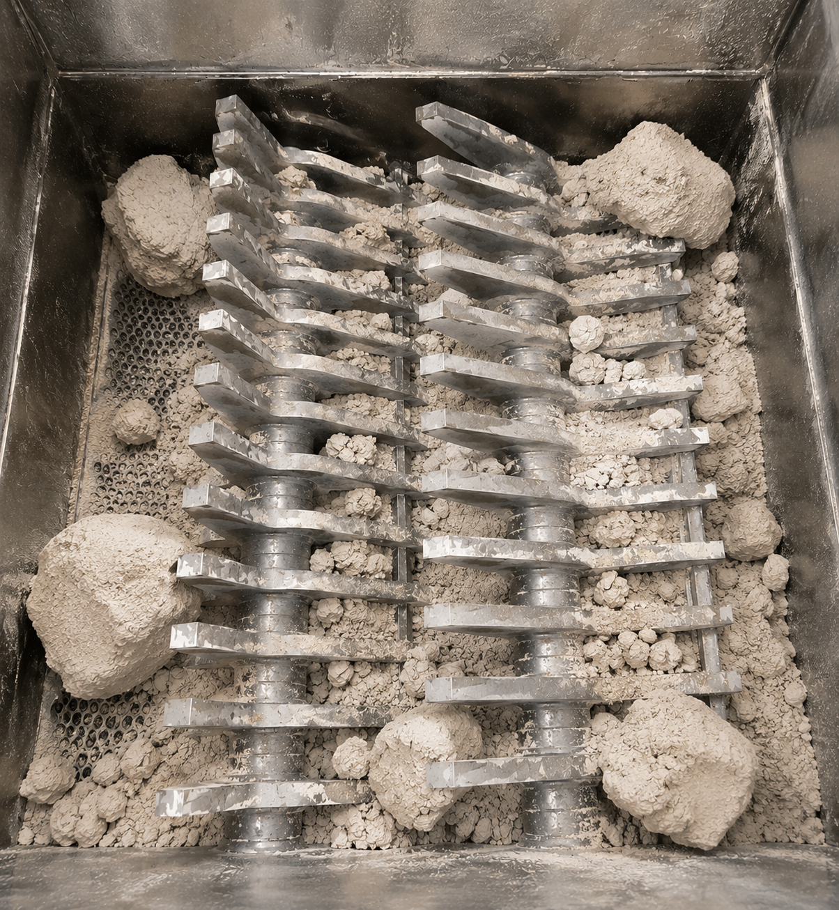 Inside view of delumper breaking down clumped powder