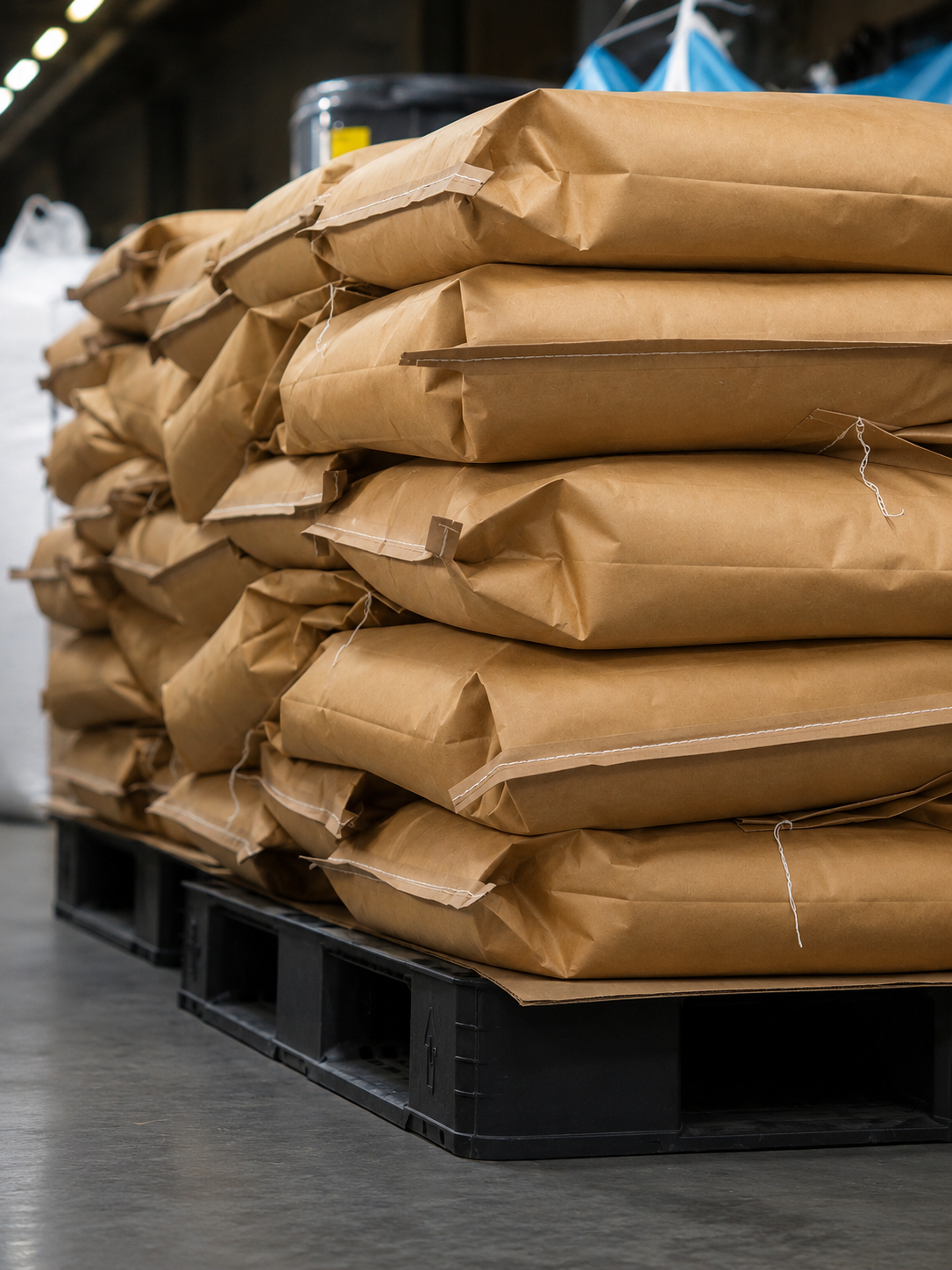 Palletized open-mouth paper bags ready to ship