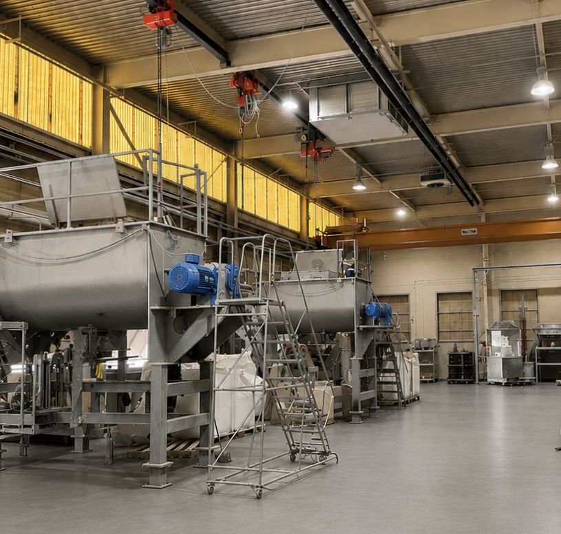 Row of large ribbon blenders on the production floor