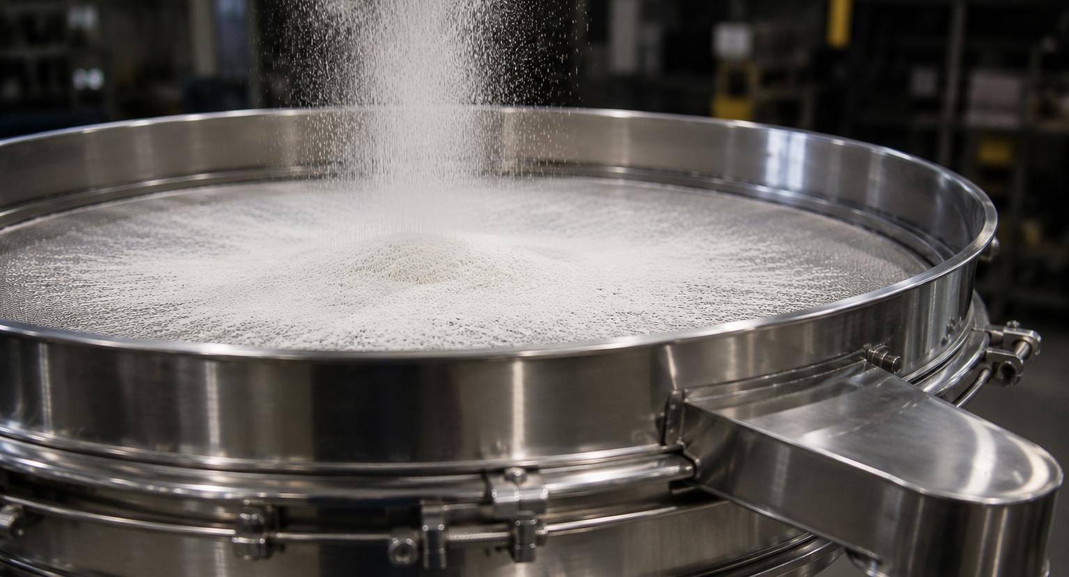 Powder cascading onto a stainless screener separating particle sizes
