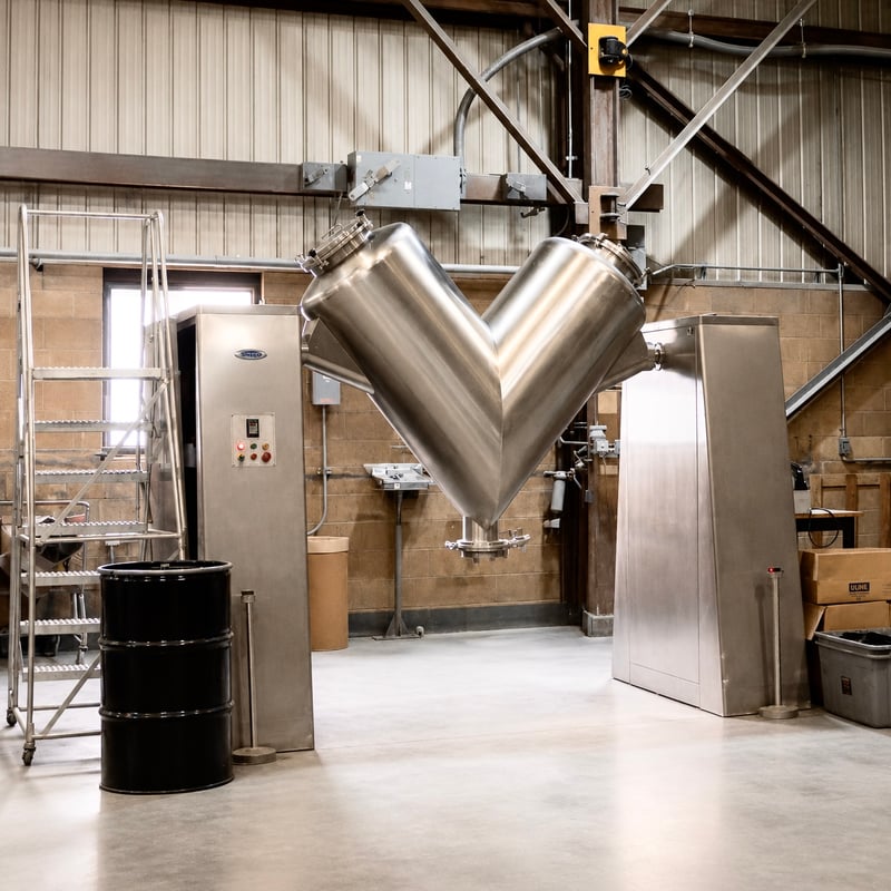 Industrial V-blender on the production floor