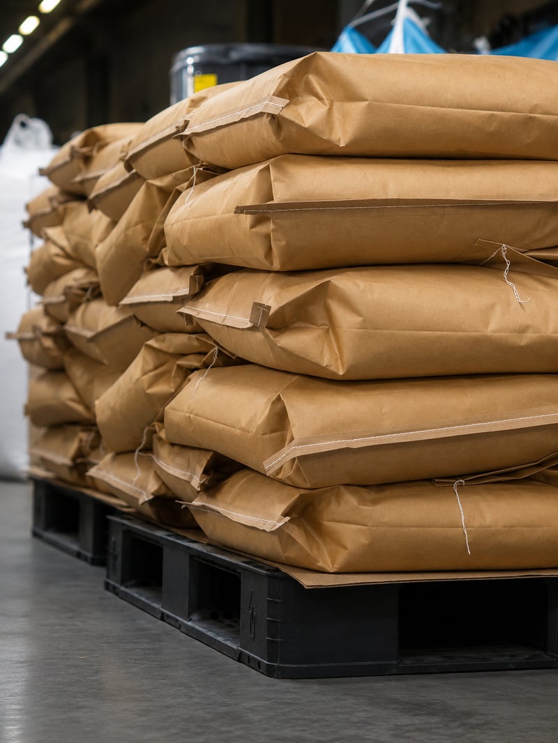 Open-mouth paper bags staged on pallets