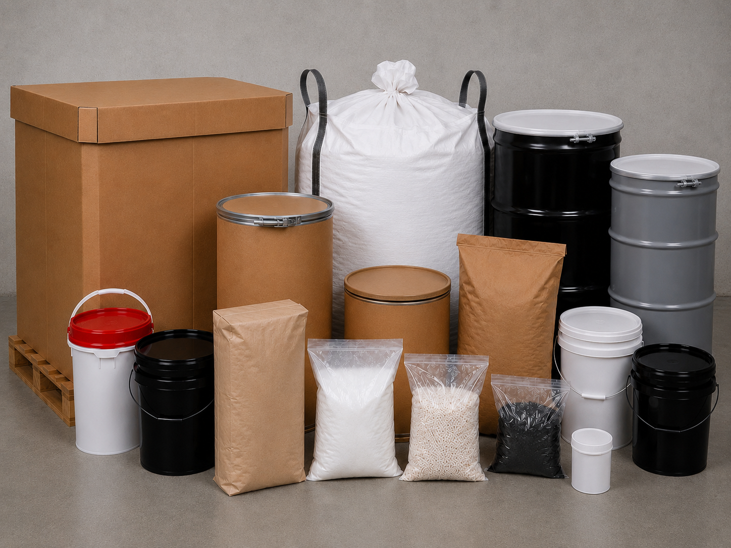 Variety of repackaging containers from pails to bulk boxes